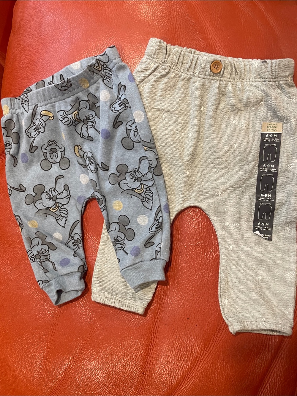 Disney Baby Blue Mickey Mouse p (used) & Neutral Pants (NWT)sz 6/9 months bundle